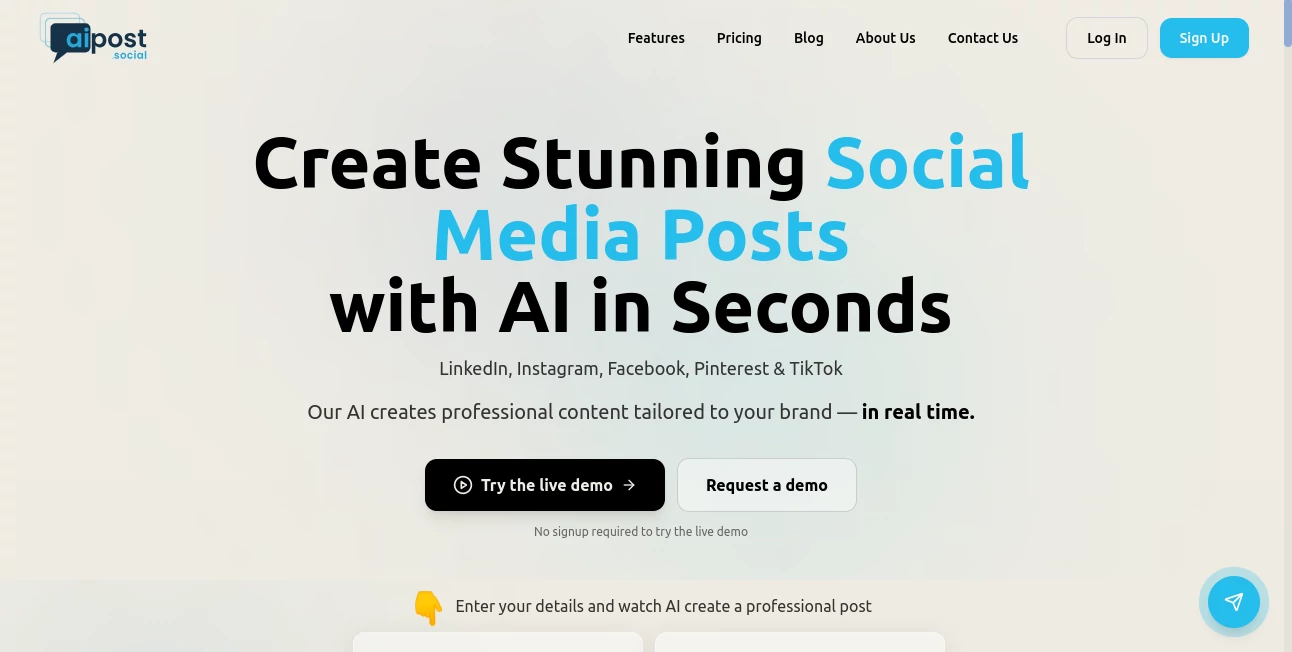 Screenshot of AI POST – An AI tool in the ,AI Content Generator ,AI Social Media Assistant ,AI Marketing Plan Generator ,AI Digital Marketing Generator  category, showcasing its interface and key features.