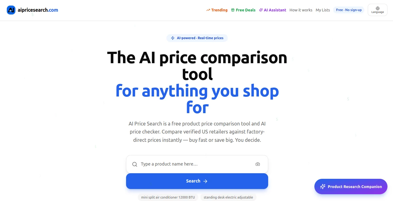 Screenshot of AI Price Search – An AI tool in the ,AI Search Engine ,AI Research Tool ,AI E-commerce Assistant ,AI Analytics Assistant  category, showcasing its interface and key features.