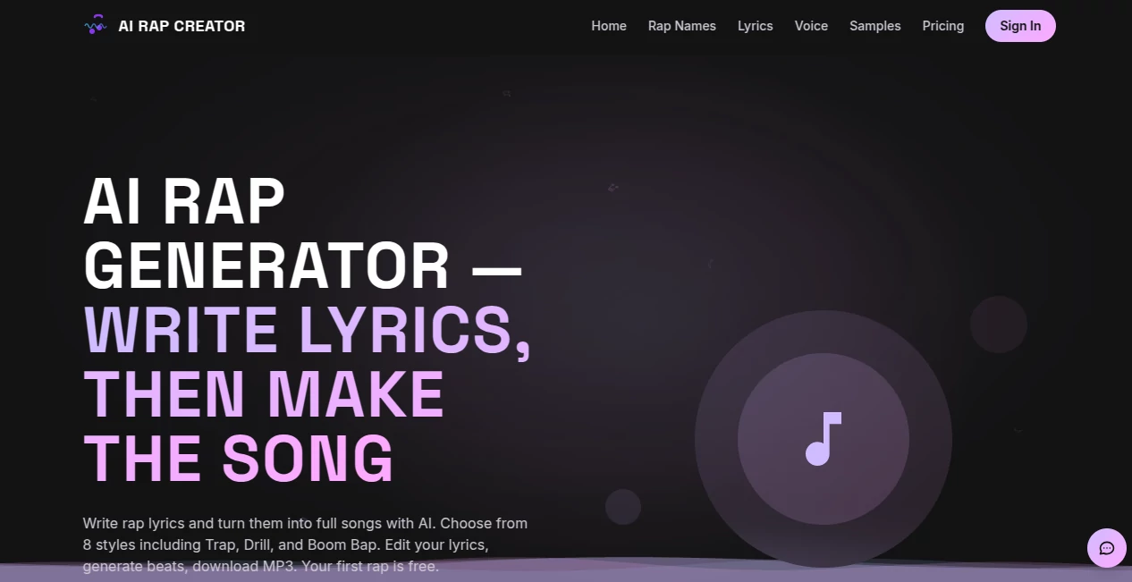 Screenshot of AI Rap Creator – An AI tool in the ,AI Music Generator ,AI Voice & Audio Editing ,AI Rap Generator ,AI Text to Music  category, showcasing its interface and key features.