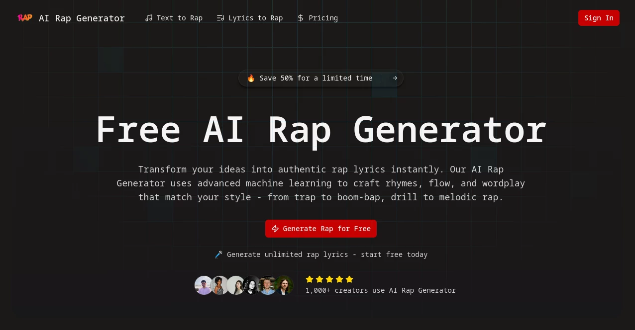 Screenshot of AI Rap Generator – An AI tool in the ,AI Lyrics Generator ,AI Music Generator ,AI Rap Generator  category, showcasing its interface and key features.