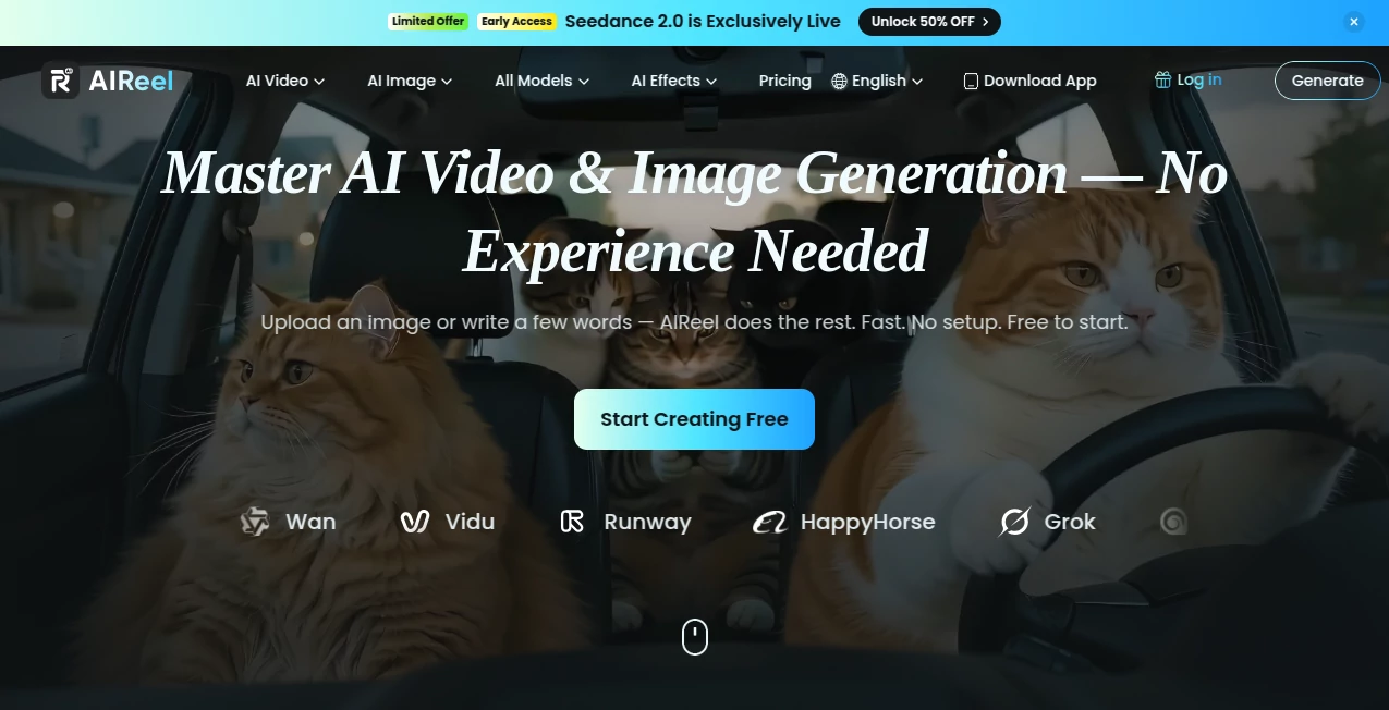 Screenshot of AIReel – An AI tool in the ,AI Animated Video ,AI Image to Video ,AI Text to Video ,AI Video Generator  category, showcasing its interface and key features.