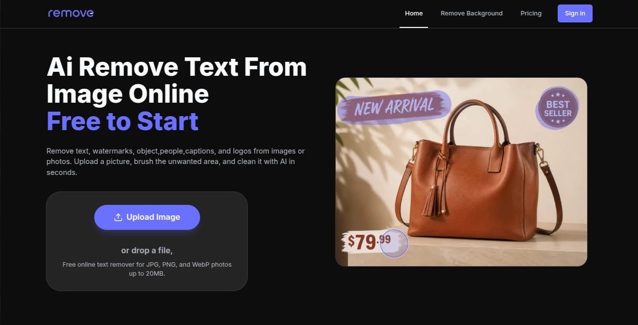 Screenshot of Ai Remove Text from Image – An AI tool in the ,AI Background Remover ,Photo & Image Editor ,AI Photo Enhancer ,AI Image to Image  category, showcasing its interface and key features.