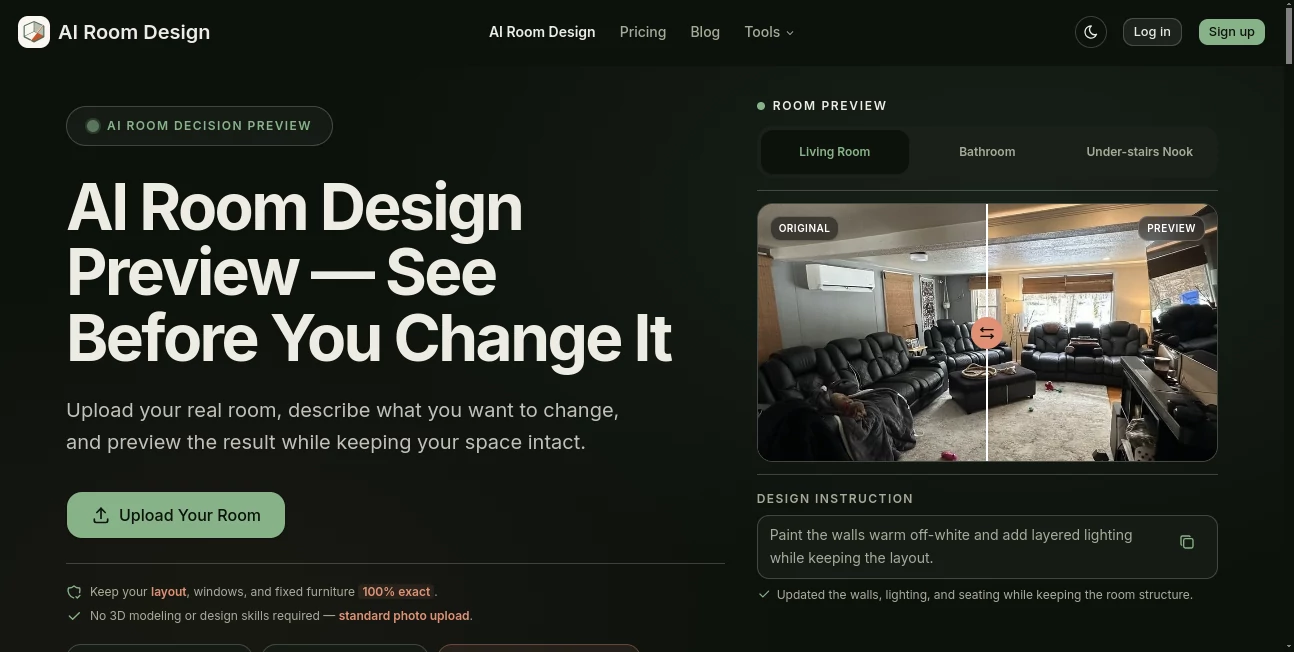 Screenshot of AI Room Design – An AI tool in the ,AI Photo & Image Generator ,AI Design Generator ,AI Image to Image ,AI Interior & Room Design  category, showcasing its interface and key features.