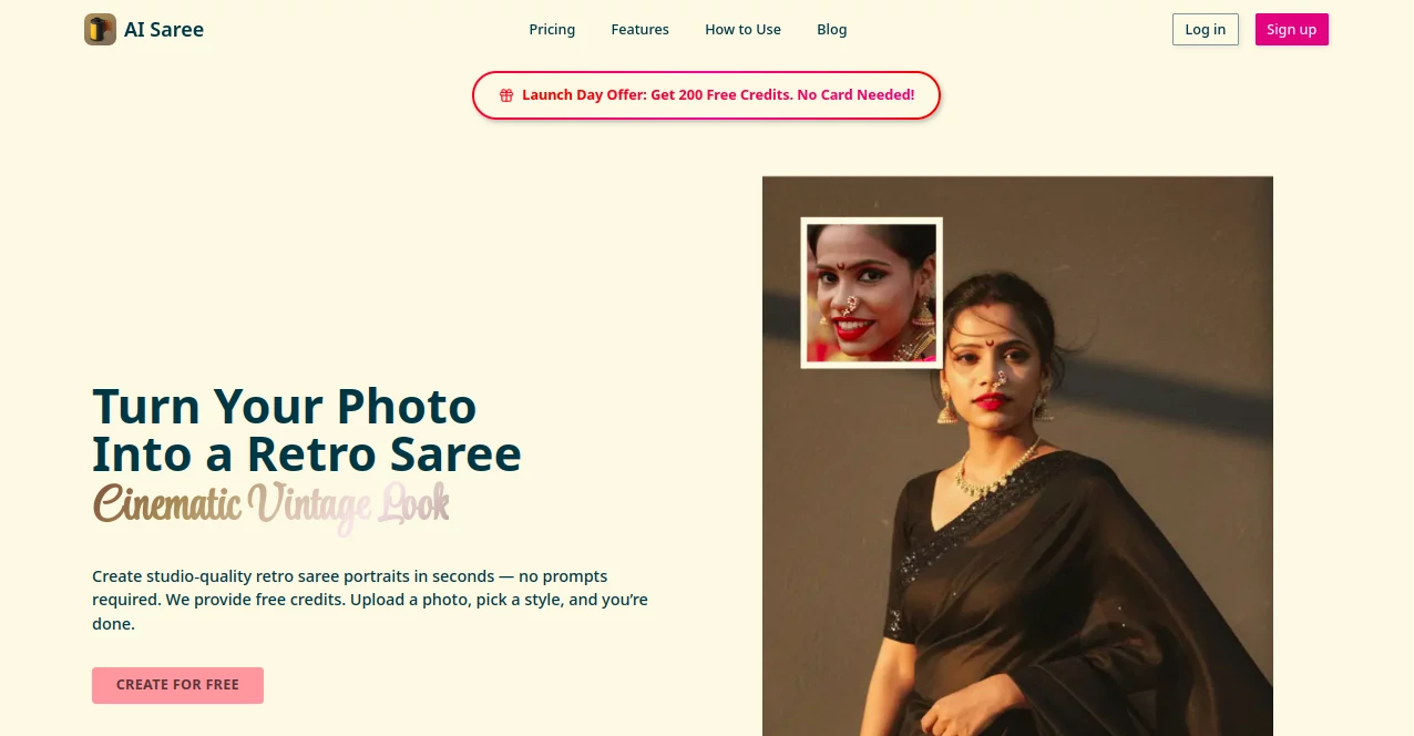 Screenshot of AI Saree – An AI tool in the ,Photo & Image Editor ,AI Photo Enhancer ,AI Photo Restoration ,AI Image to Image  category, showcasing its interface and key features.