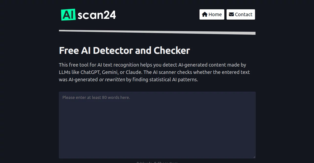 Screenshot of AI Scan24 – An AI tool in the ,AI Content Detector  category, showcasing its interface and key features.