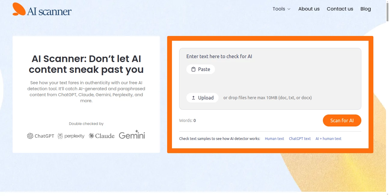 Screenshot of AI Scanner – An AI tool in the ,AI Writing Assistants ,AI Detector ,AI Content Detector ,Text & Writing  category, showcasing its interface and key features.