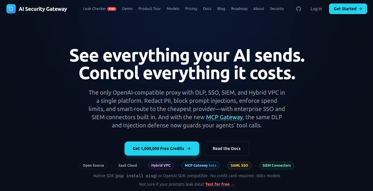 Screenshot of AI Security Gateway – An AI tool in the ,AI DevOps Assistant ,AI Monitor & Report Builder ,AI API Design ,AI Developer Tools  category, showcasing its interface and key features.