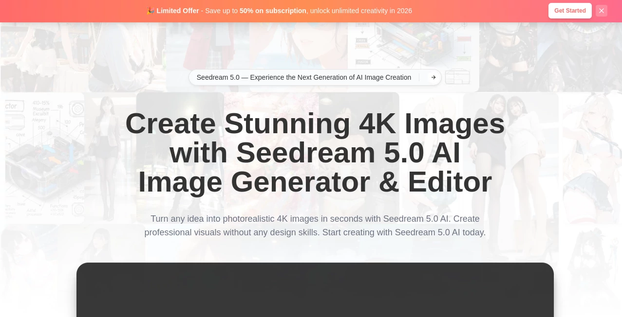 Screenshot of Seedream 5.0 – An AI tool in the ,AI Photo & Image Generator ,AI Art Generator ,AI Design Generator ,AI Text to Image  category, showcasing its interface and key features.