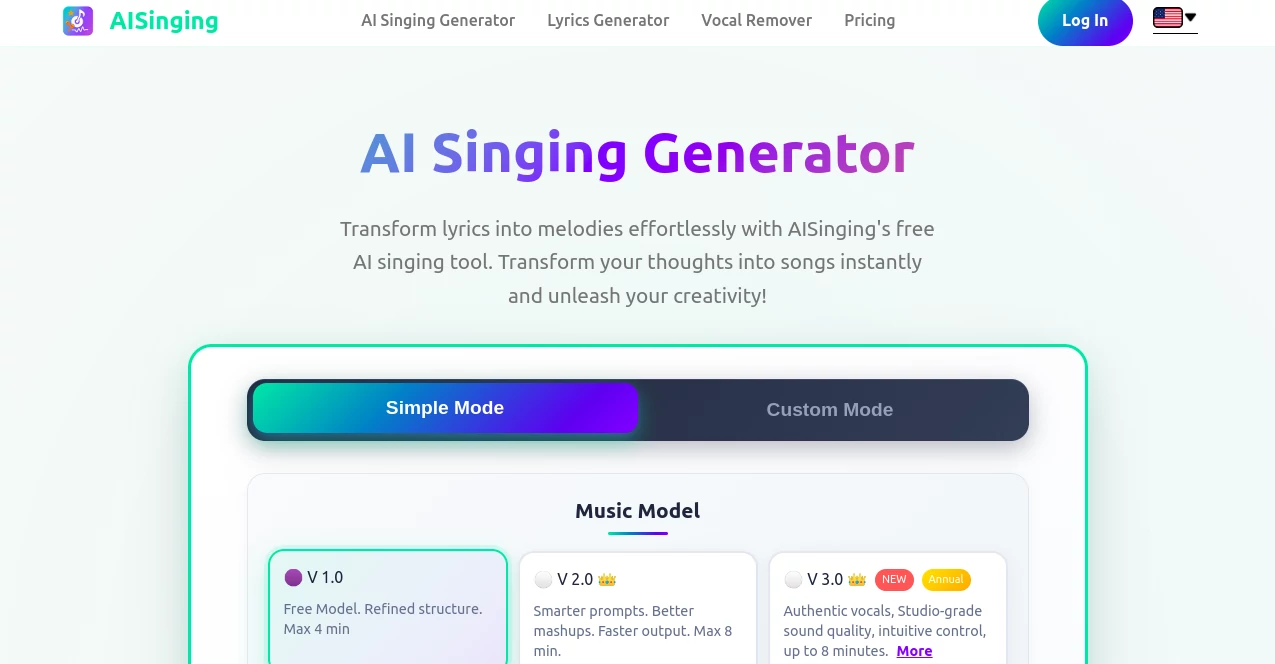 Screenshot of AISinging – An AI tool in the ,AI Text to Music ,AI Singing Generator ,AI Lyrics Generator ,AI Music Generator  category, showcasing its interface and key features.