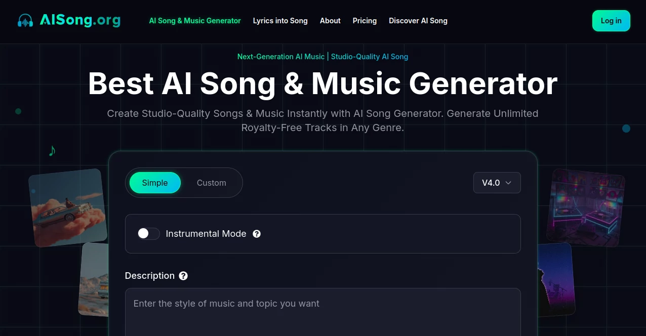 Screenshot of AISong – An AI tool in the ,AI Text to Music ,AI Lyrics Generator ,AI Music Generator ,AI Text to Speech  category, showcasing its interface and key features.