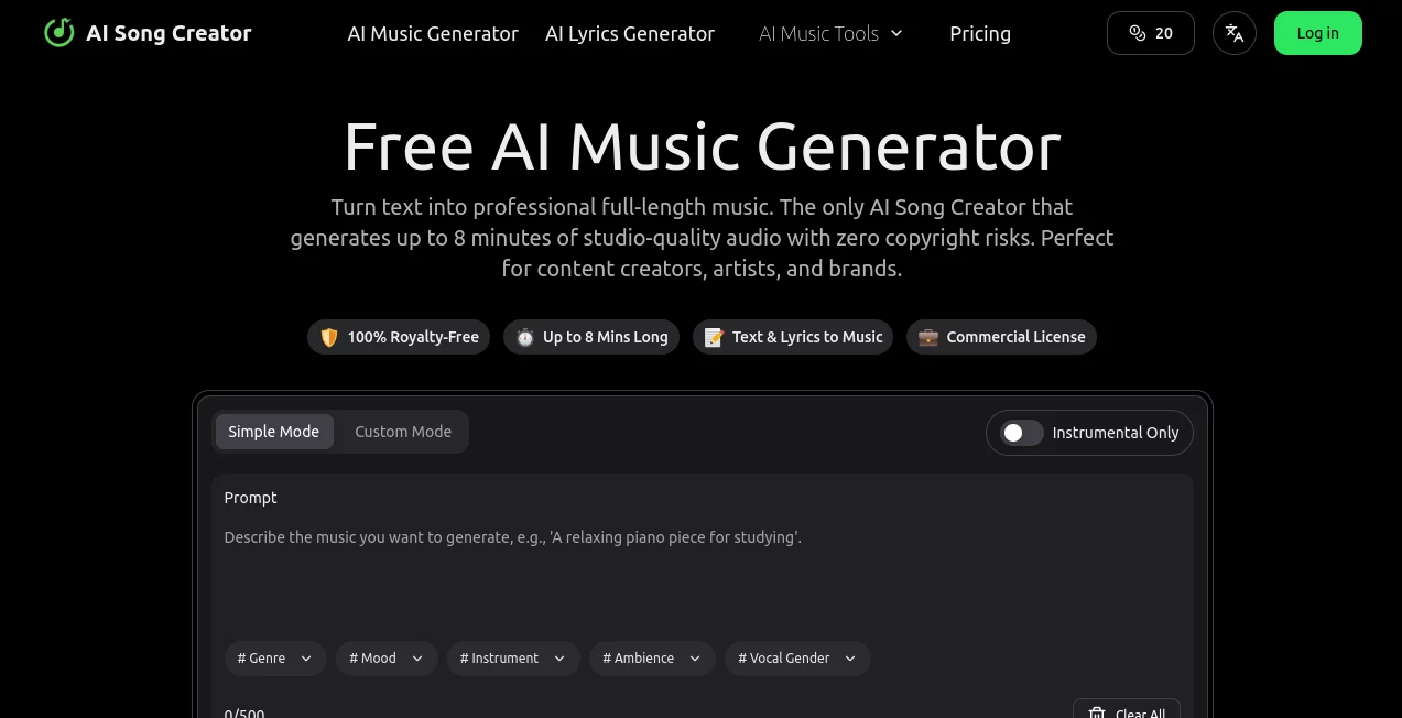 Screenshot of AI Song Creator – An AI tool in the ,AI Lyrics Generator ,AI Music Generator ,AI Voice & Audio Editing ,AI Text to Music  category, showcasing its interface and key features.