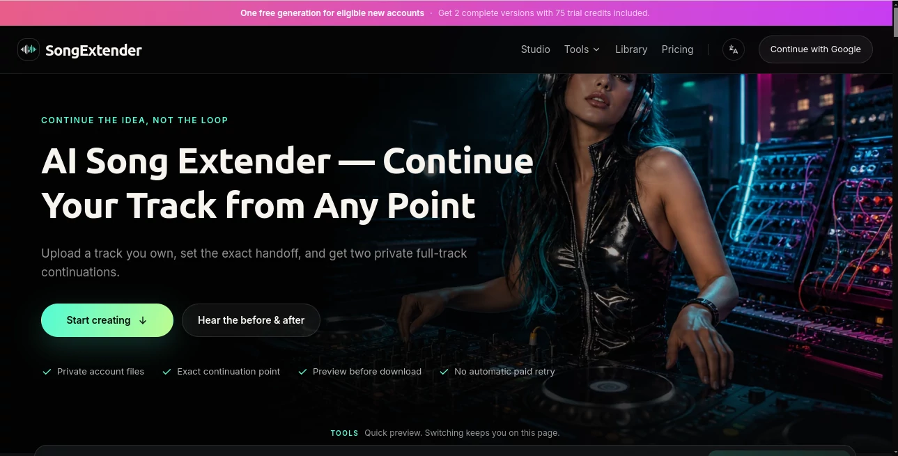 Screenshot of SongExtender – An AI tool in the ,AI Text to Music ,AI Music Generator  category, showcasing its interface and key features.