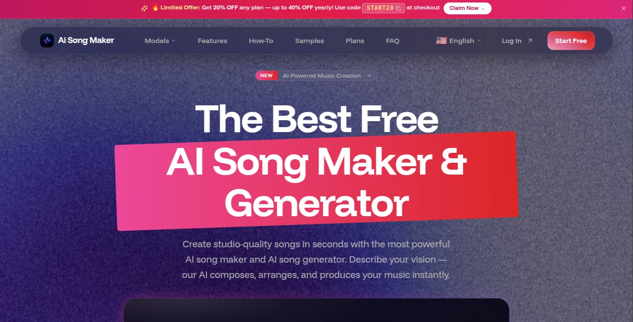 Screenshot of Ai Song Maker – An AI tool in the ,AI Music Generator ,AI Voice & Audio Editing ,AI Text to Music ,AI Singing Generator  category, showcasing its interface and key features.