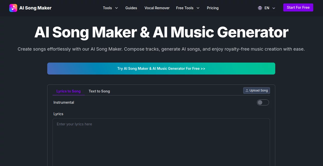 Screenshot of AI Song Maker – An AI tool in the ,AI Voice Changer ,AI Text to Music ,AI Lyrics Generator ,AI Music Generator  category, showcasing its interface and key features.
