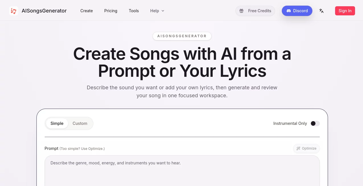 Screenshot of AISongsGenerator – An AI tool in the ,AI Text to Music ,AI Music Video Generator ,AI Music Generator ,AI Singing Generator  category, showcasing its interface and key features.