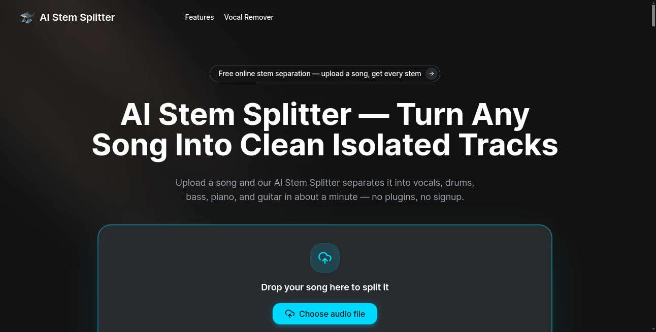 Screenshot of AI Stem Splitter – An AI tool in the ,AI Audio Enhancer ,AI Music Generator ,AI Voice & Audio Editing  category, showcasing its interface and key features.