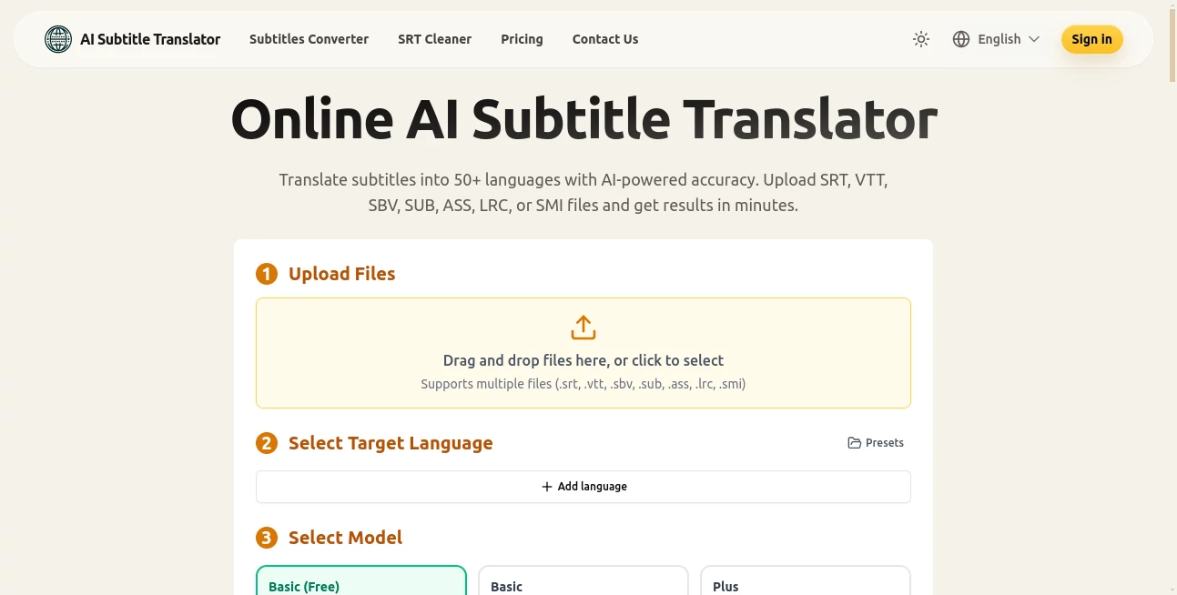 Screenshot of AI Subtitle Translator – An AI tool in the ,AI Translate ,AI Captions or Subtitle ,AI Content Generator ,Video  category, showcasing its interface and key features.