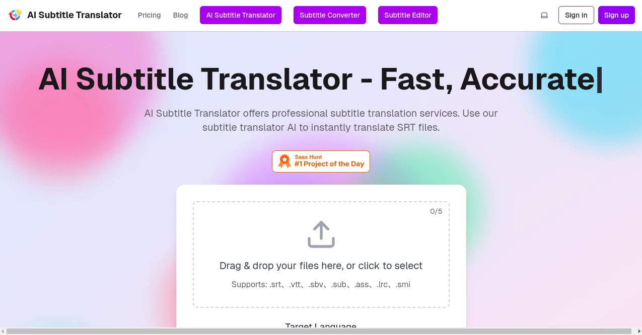 Screenshot of AI Subtitle Translator – An AI tool in the ,AI Transcriber ,AI Translate ,AI Captions or Subtitle  category, showcasing its interface and key features.