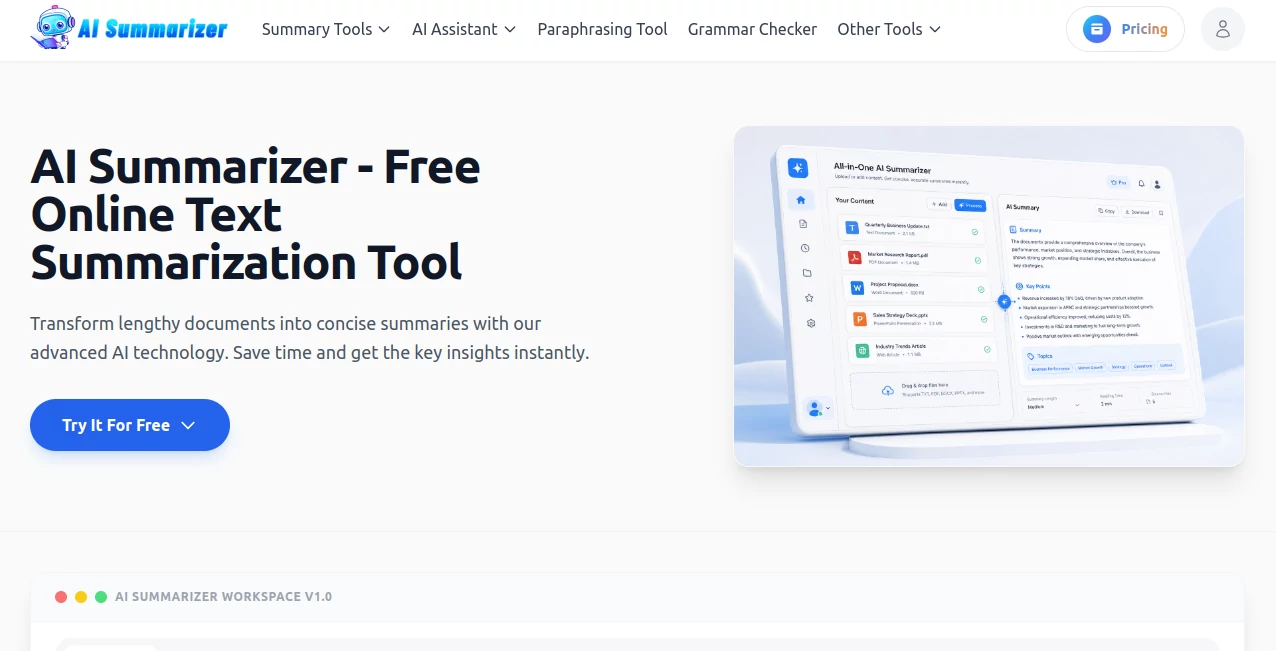 Screenshot of AI Summarizer – An AI tool in the ,AI Summarizer ,AI Productivity Tools ,AI Documents Assistant  category, showcasing its interface and key features.
