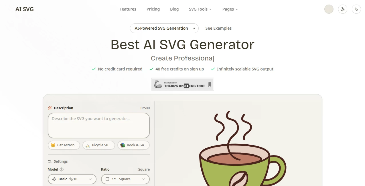 Screenshot of Best AI SVG Generator – An AI tool in the ,Photo & Image Editor ,AI Graphic Design ,AI Design Generator ,AI Image to Image  category, showcasing its interface and key features.