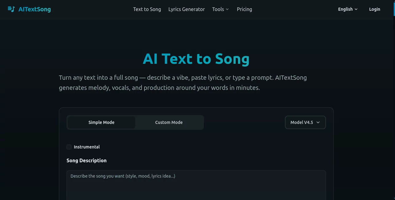 Screenshot of AITextSong – An AI tool in the ,AI Music Generator ,AI Voice & Audio Editing ,AI Text to Music ,AI Singing Generator  category, showcasing its interface and key features.