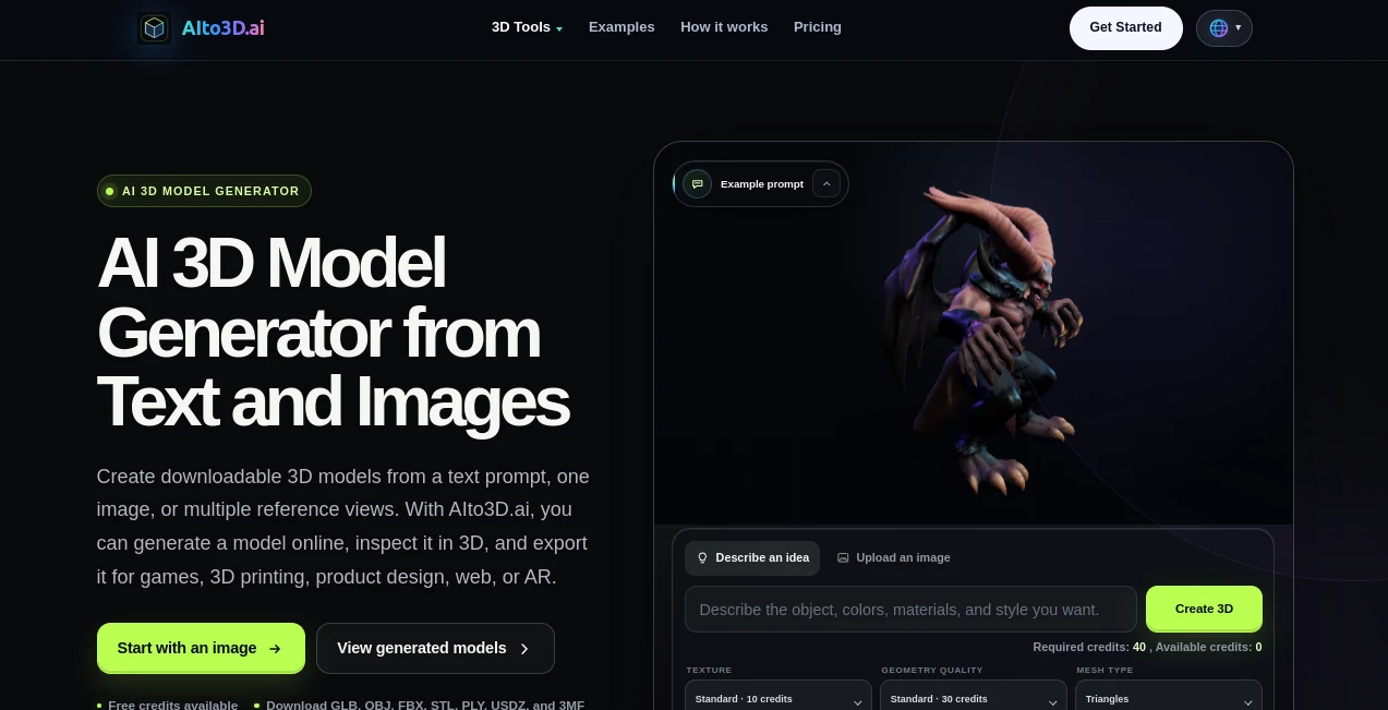 Screenshot of AIto3D.ai – An AI tool in the ,Design & Art ,AI 3D Model Generator ,AI Text to 3D ,AI Image to 3D Model  category, showcasing its interface and key features.