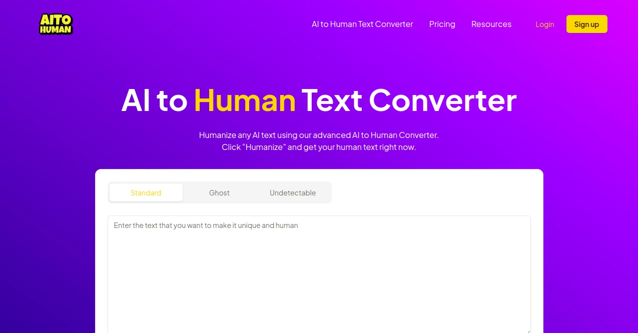 Screenshot of AI to Human – An AI tool in the ,AI Plagiarism Checker ,AI Rewriter ,AI Content Detector ,AI General Writing  category, showcasing its interface and key features.