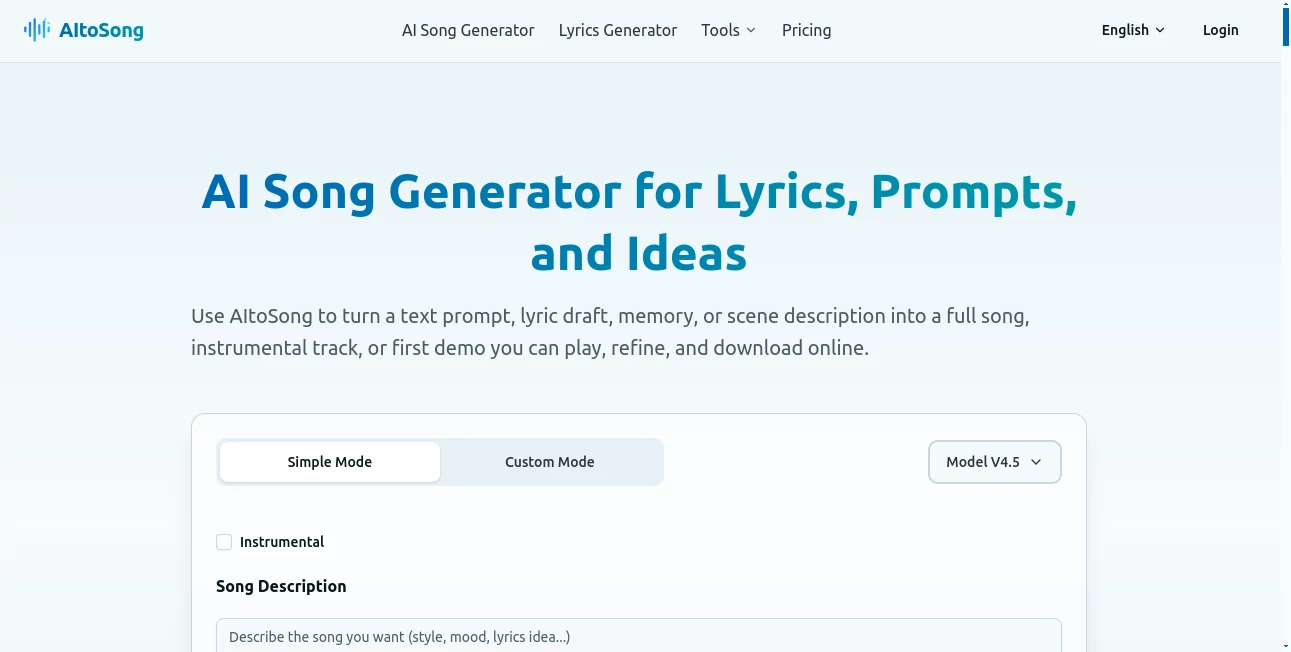 Screenshot of AItoSong – An AI tool in the ,AI Lyrics Generator ,AI Audio Enhancer ,AI Music Generator ,AI Text to Music  category, showcasing its interface and key features.