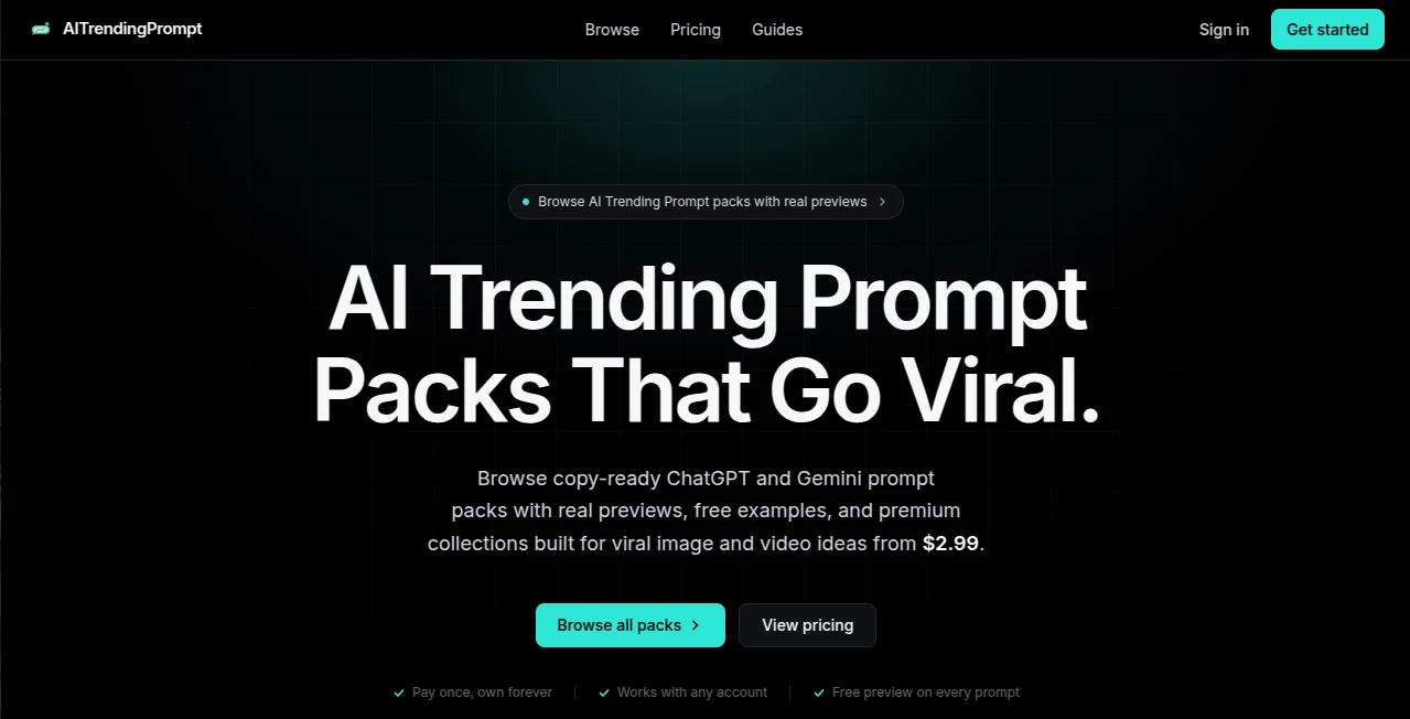 Screenshot of AITrendingPrompt – An AI tool in the ,AI Photo & Image Generator ,Prompt ,AI Content Generator ,AI Design Generator  category, showcasing its interface and key features.