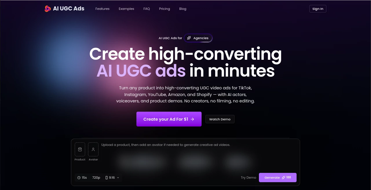 Screenshot of AI UGC Ads – An AI tool in the ,AI Ad Creative Assistant ,AI Video Generator ,AI Advertising Assistant ,AI UGC Video Generator  category, showcasing its interface and key features.