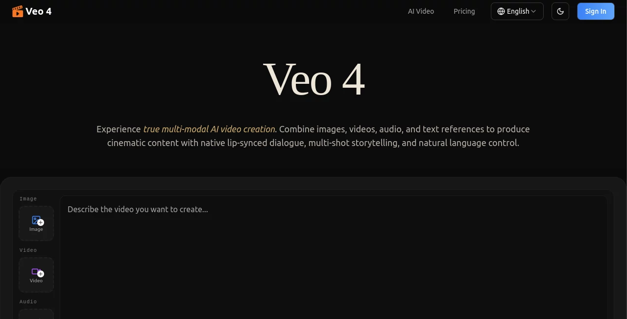 Screenshot of Veo 4 – An AI tool in the ,AI Image to Video ,AI Video Generator ,AI Video Editor ,AI Text to Video  category, showcasing its interface and key features.