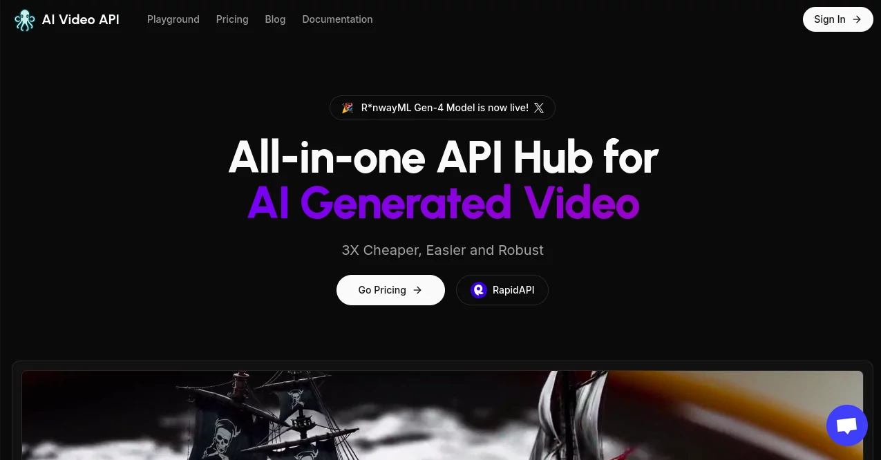 Screenshot of AI Video API – An AI tool in the ,AI Animated Video ,AI Image to Video ,AI Video Generator ,AI Text to Video  category, showcasing its interface and key features.