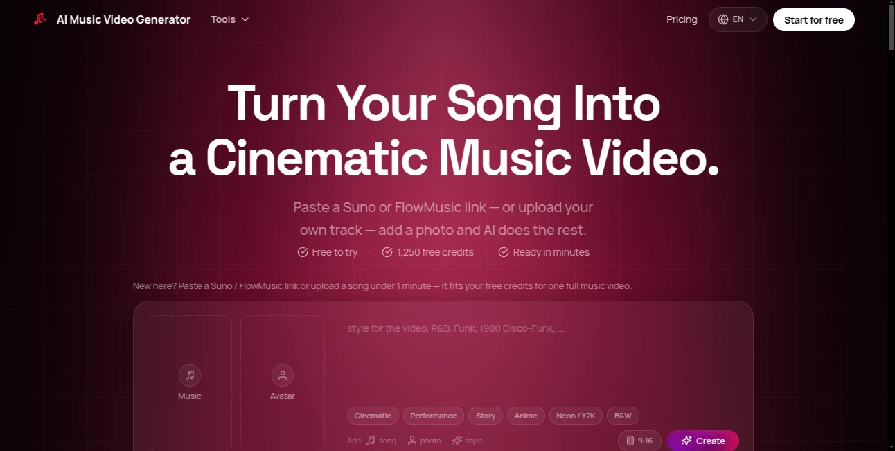 Screenshot of AI Music Video Generator – An AI tool in the ,AI Image to Video ,AI Music Video Generator ,AI Video Editor ,AI Video Generator  category, showcasing its interface and key features.