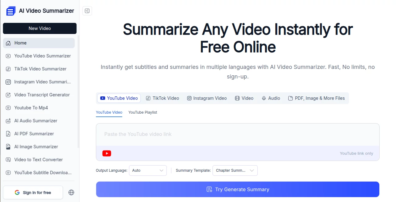 Screenshot of AI Video Summarizer – An AI tool in the ,AI Summarizer ,AI Transcription ,AI Education Assistant ,Video  category, showcasing its interface and key features.