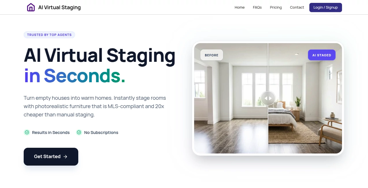 Screenshot of AI Virtual Staging – An AI tool in the ,Photo & Image Editor ,AI Image to Image ,AI Interior & Room Design  category, showcasing its interface and key features.