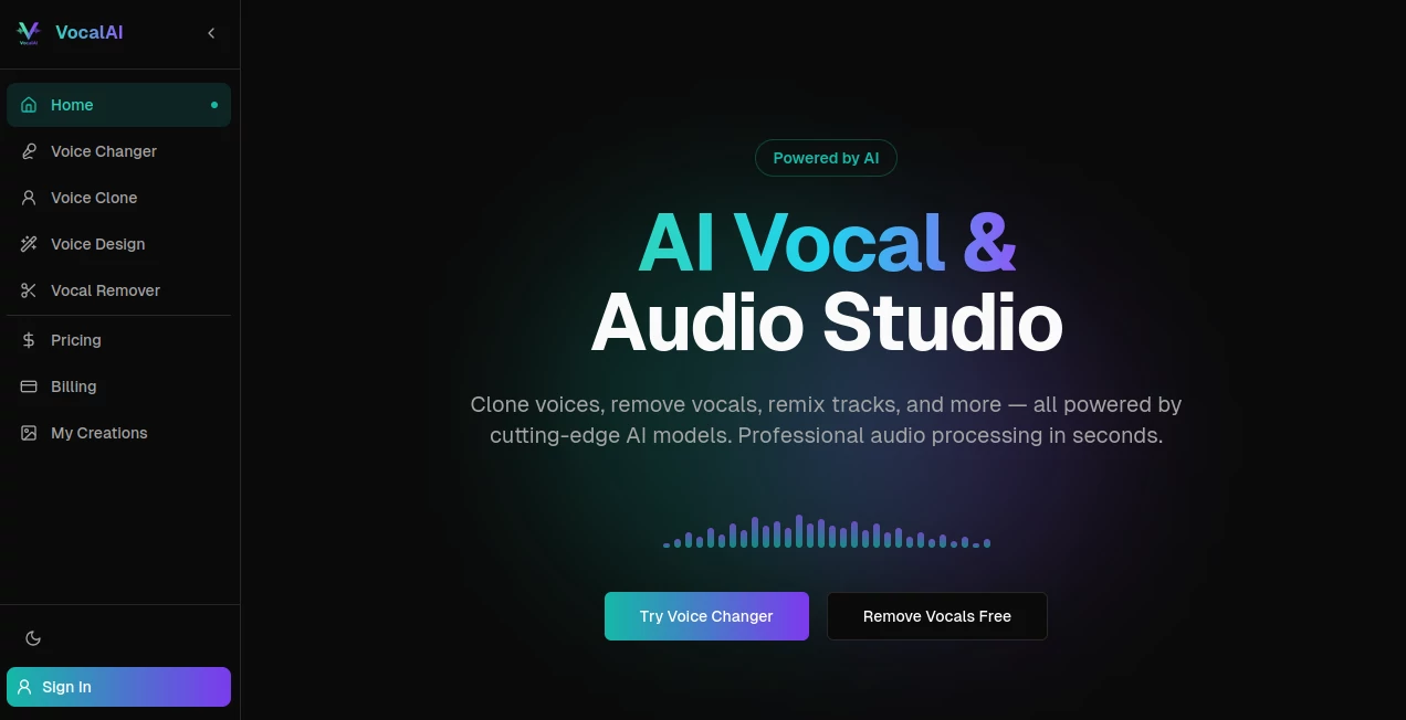 Screenshot of VocalAI – An AI tool in the ,AI Voice & Audio Editing ,AI Voice Changer ,AI Voice Cloning  category, showcasing its interface and key features.
