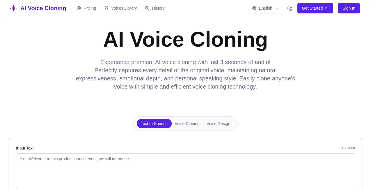 Screenshot of AI Voice Cloning – An AI tool in the ,AI Voice Changer ,AI Voice Cloning ,AI Speech Synthesis ,AI Speech to Text  category, showcasing its interface and key features.