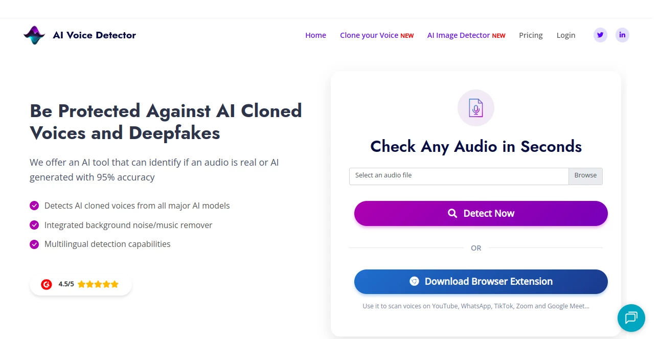 Screenshot of AI Voice Detector – An AI tool in the ,AI Voice Cloning ,AI Speech Recognition ,AI Content Detector ,AI Voice Assistants  category, showcasing its interface and key features.