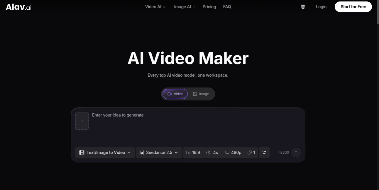 Screenshot of Alav.ai – An AI tool in the ,AI Image to Video ,AI Video Generator ,AI Video Editor ,AI Text to Video  category, showcasing its interface and key features.