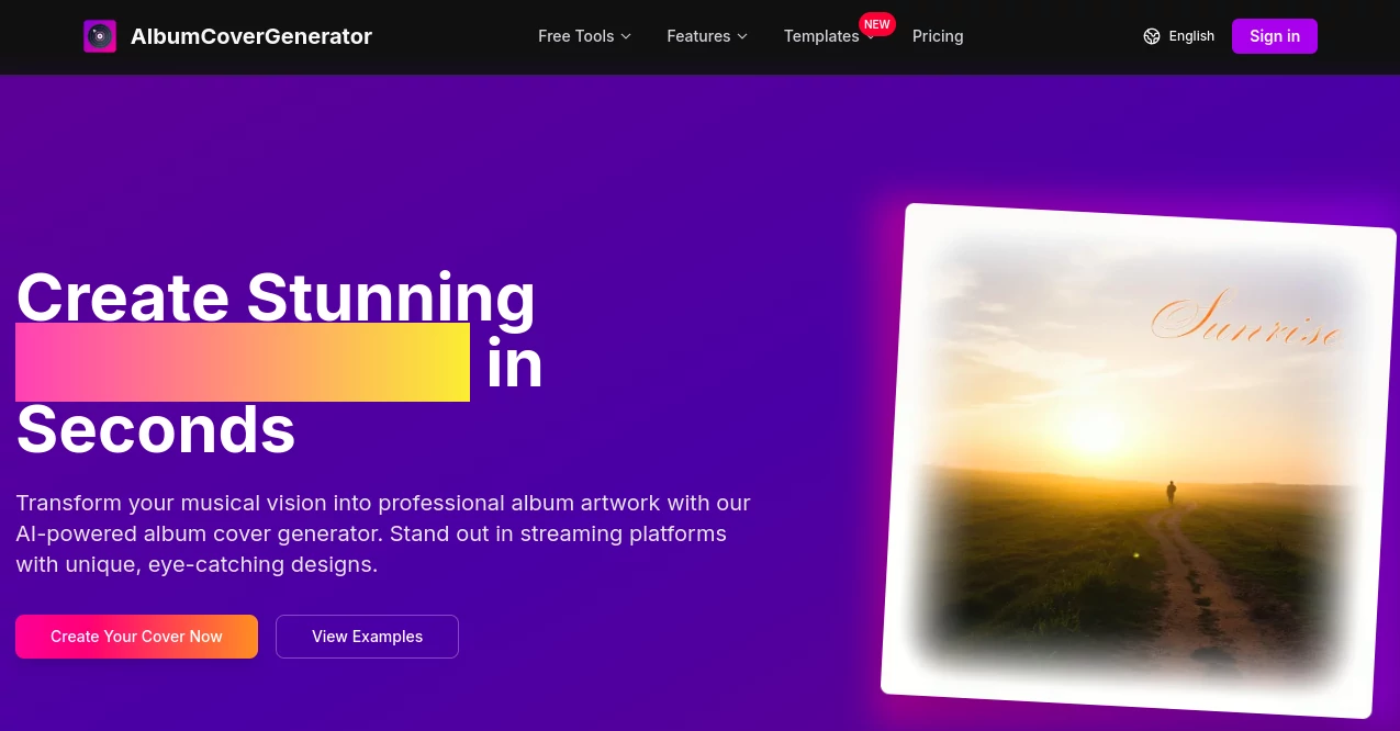 Screenshot of Album Cover Generator – An AI tool in the ,AI Cover Generator ,AI Music Video Generator ,AI Art Generator ,AI Design Generator  category, showcasing its interface and key features.