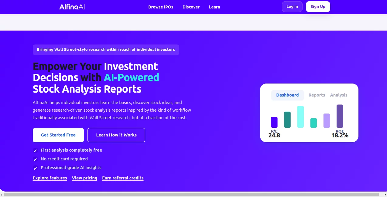 Screenshot of AlfinaAI – An AI tool in the ,AI Research Tool ,AI Investing Assistant ,AI Analytics Assistant ,Business  category, showcasing its interface and key features.
