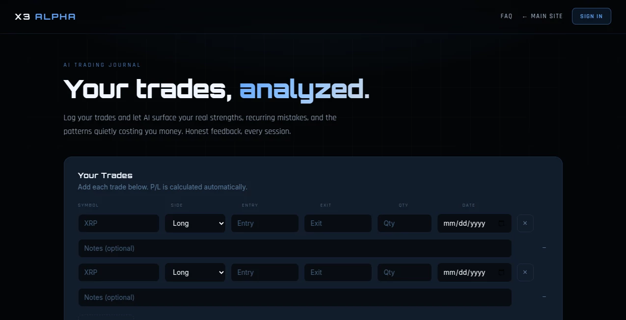 Screenshot of X3 ALPHA – An AI tool in the ,AI Productivity Tools ,AI Research Tool ,AI Analytics Assistant ,AI Trading Bot Assistant  category, showcasing its interface and key features.