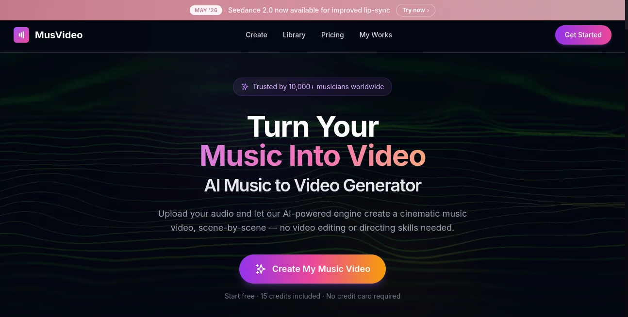 Screenshot of MusVideo – An AI tool in the ,AI Animated Video ,AI Image to Video ,AI Music Video Generator ,AI Text to Video  category, showcasing its interface and key features.