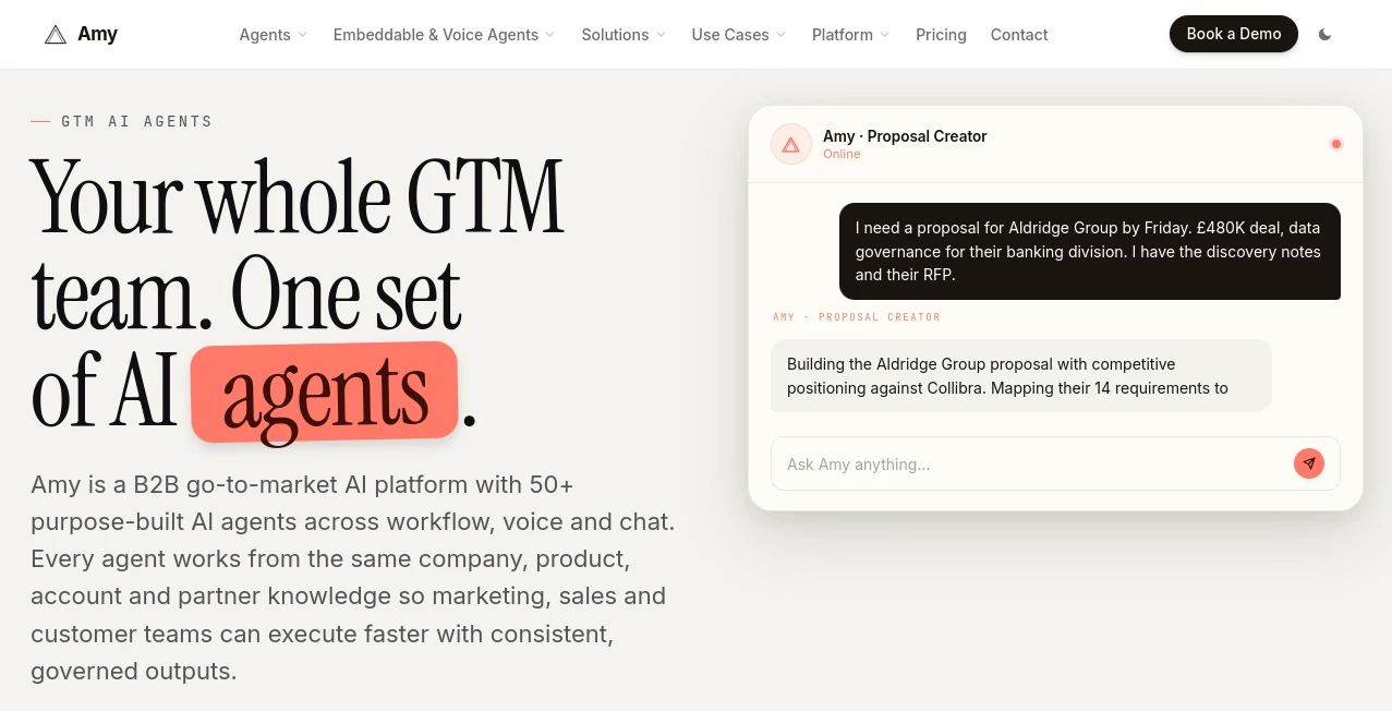 Screenshot of Amy – An AI tool in the ,AI Business Ideas Generator ,AI Sales Assistant ,AI Workflow Management ,Marketing  category, showcasing its interface and key features.