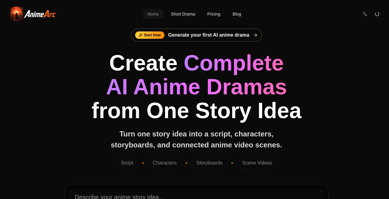 Screenshot of animearc – An AI tool in the ,AI Anime & Cartoon Generator ,AI Animated Video ,AI Text to Video ,AI Video Generator  category, showcasing its interface and key features.