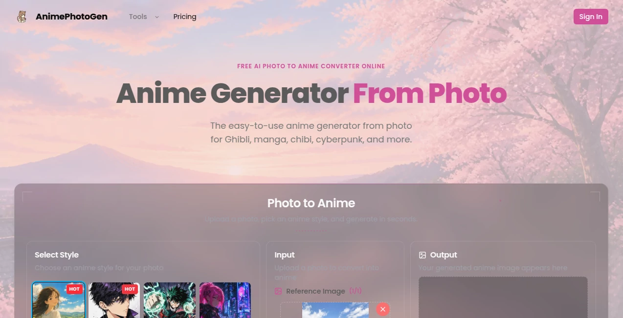 Screenshot of AnimePhotoGen – An AI tool in the ,AI Photo & Image Generator ,AI Anime & Cartoon Generator  category, showcasing its interface and key features.