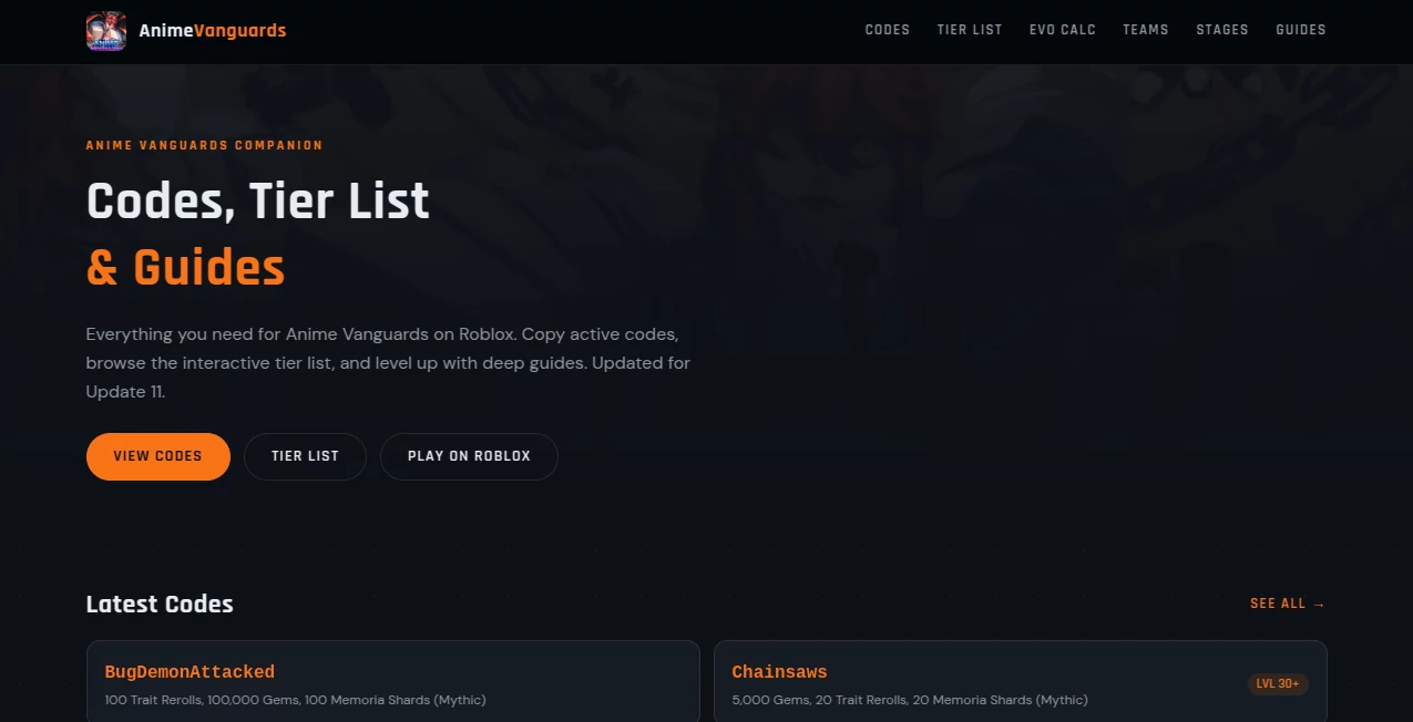Screenshot of Anime Vanguards — Codes, Tier List & Guides – An AI tool in the ,AI Fun Tools  category, showcasing its interface and key features.