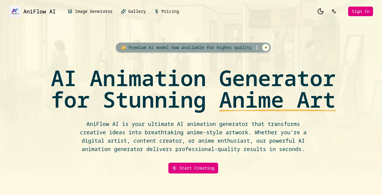 Screenshot of AniFlow AI – An AI tool in the ,AI Anime Art ,AI Art Generator ,AI Image to Image ,AI Text to Image  category, showcasing its interface and key features.