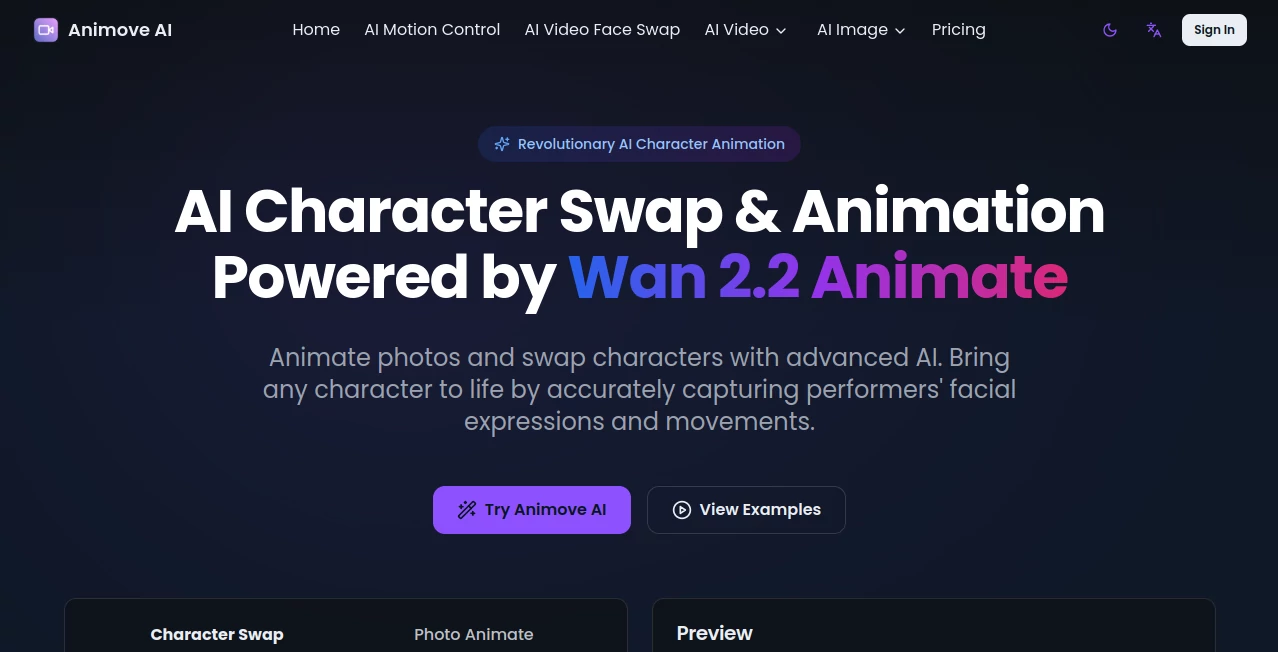 Screenshot of Animove AI – An AI tool in the ,AI Animated Video ,AI Image to Video ,AI Video Editor ,AI Video Generator  category, showcasing its interface and key features.