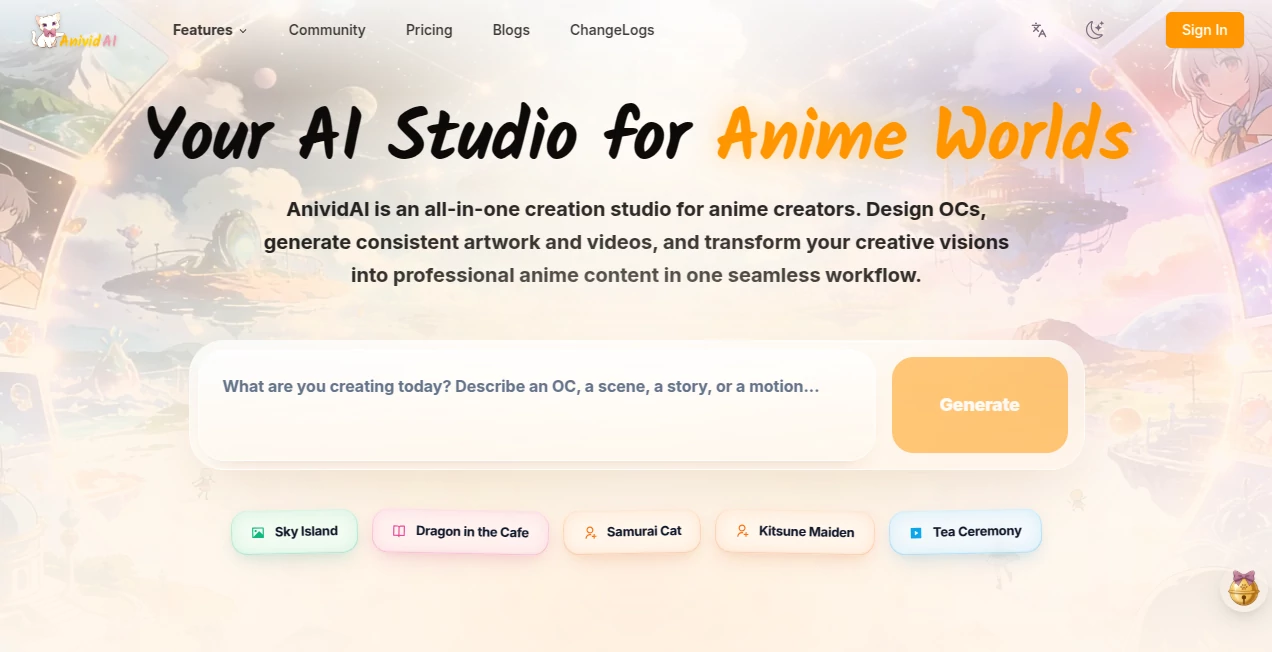 Screenshot of AnividAI – An AI tool in the ,AI Animated Video ,AI Image to Video ,AI Art Generator ,AI Design Generator  category, showcasing its interface and key features.